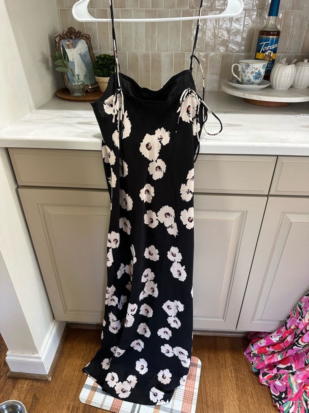Aritzia Black Maxi Slip Dress with Cream Floral Print